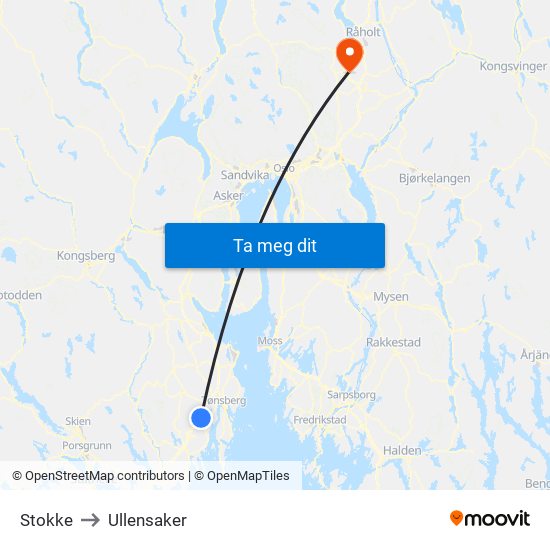 Stokke to Ullensaker map