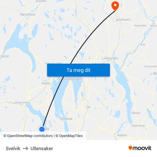 Svelvik to Ullensaker map