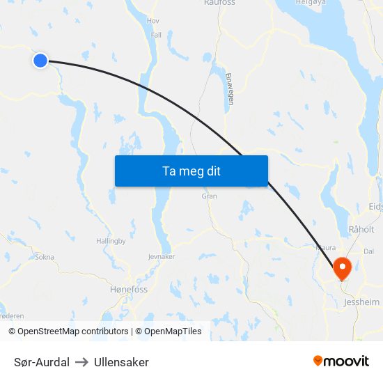 Sør-Aurdal to Ullensaker map