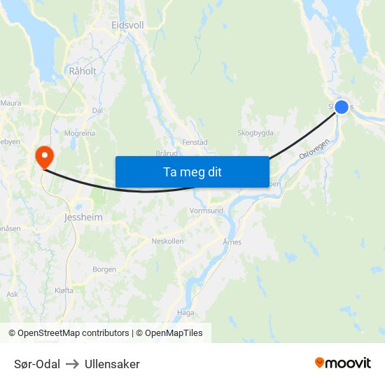 Sør-Odal to Ullensaker map