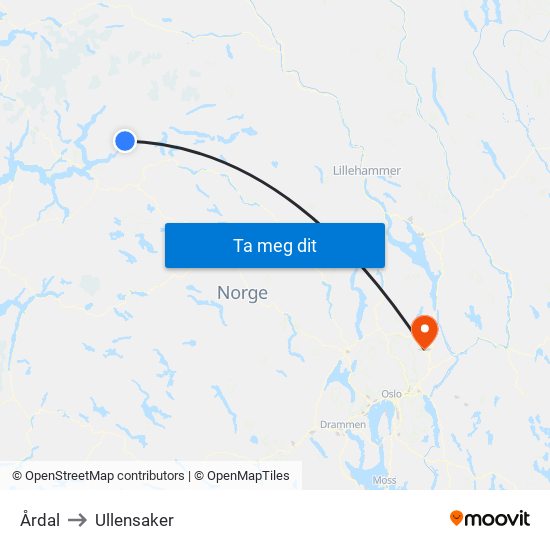 Årdal to Ullensaker map