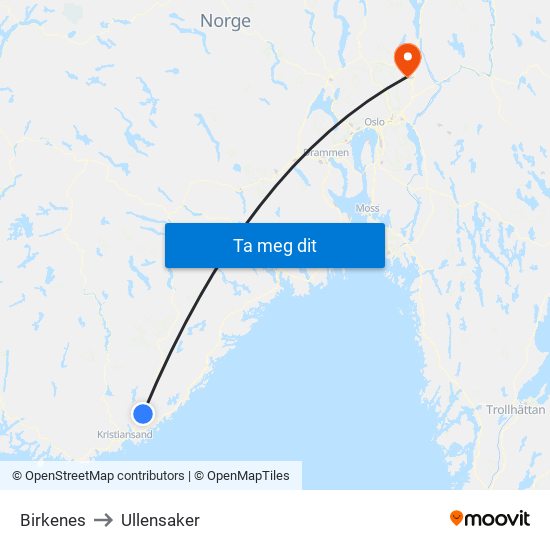 Birkenes to Ullensaker map