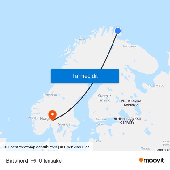 Båtsfjord to Ullensaker map