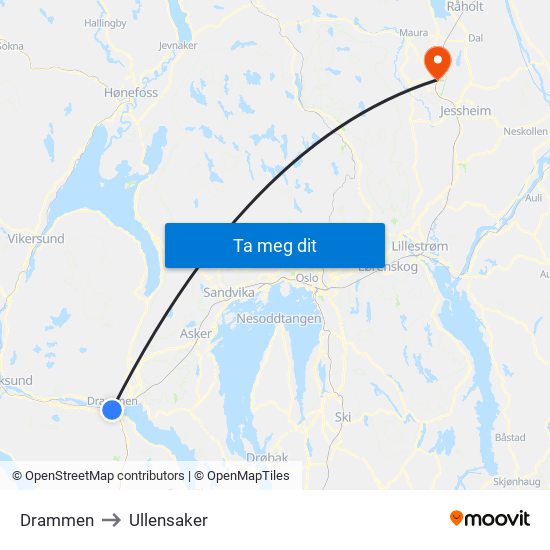 Drammen to Ullensaker map