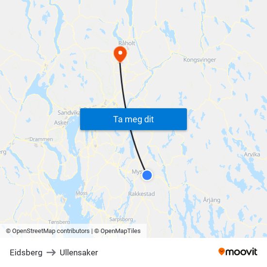 Eidsberg to Ullensaker map