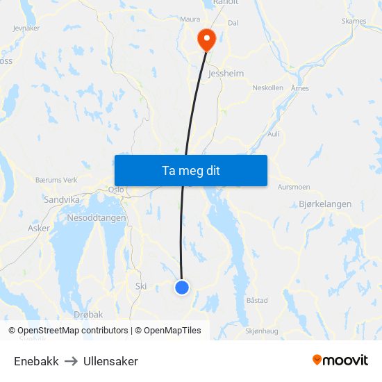 Enebakk to Ullensaker map