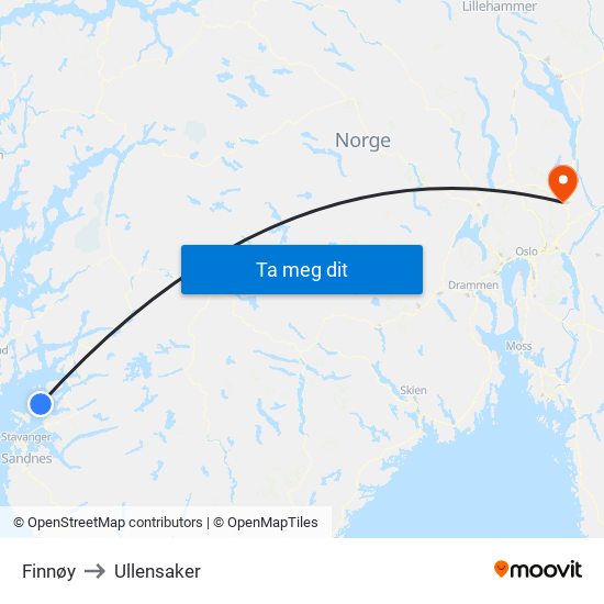 Finnøy to Ullensaker map