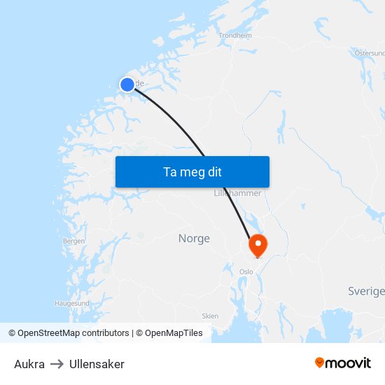 Aukra to Ullensaker map