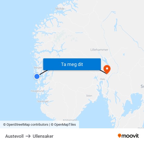 Austevoll to Ullensaker map