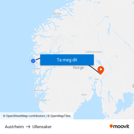 Austrheim to Ullensaker map