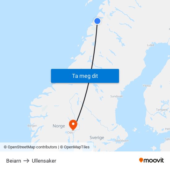 Beiarn to Ullensaker map