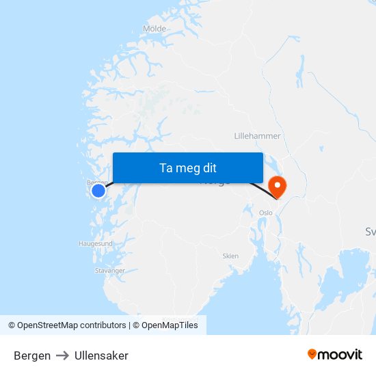 Bergen to Ullensaker map