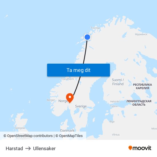 Harstad to Ullensaker map