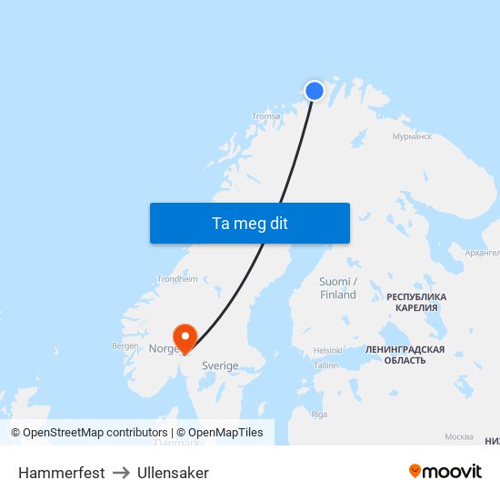 Hammerfest to Ullensaker map