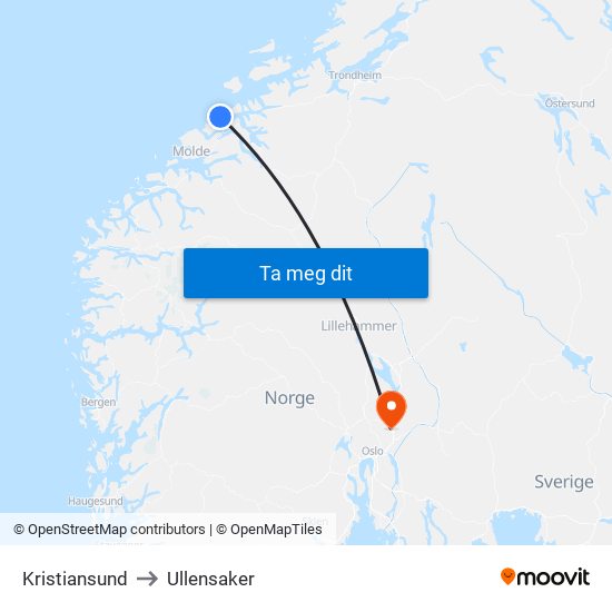 Kristiansund to Ullensaker map
