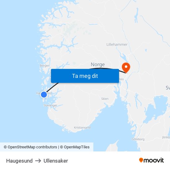 Haugesund to Ullensaker map
