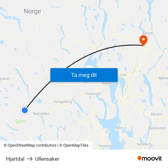 Hjartdal to Ullensaker map
