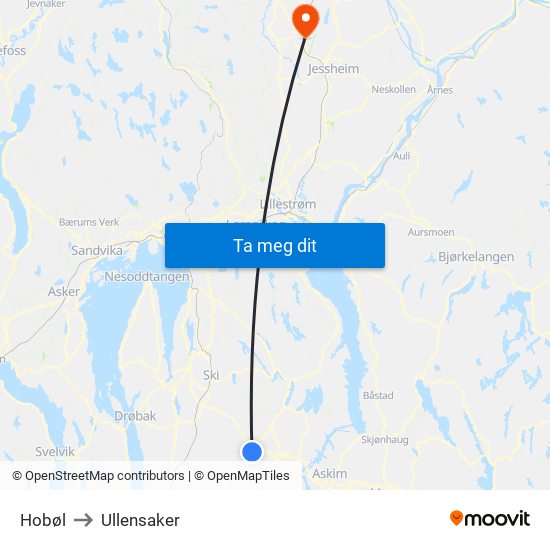 Hobøl to Ullensaker map