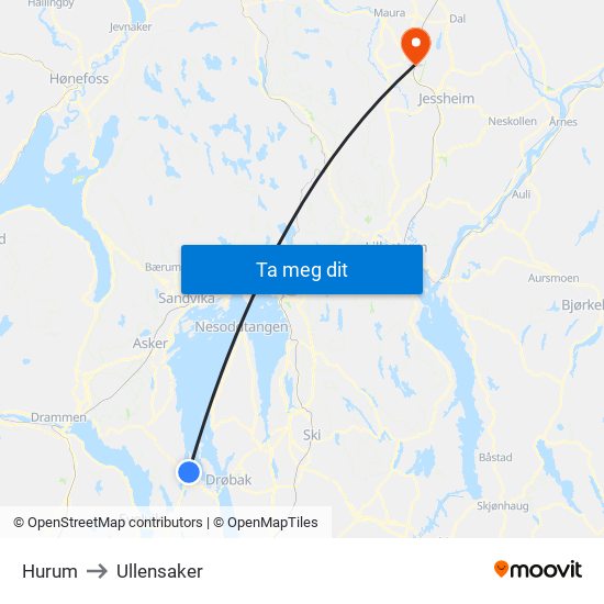 Hurum to Ullensaker map