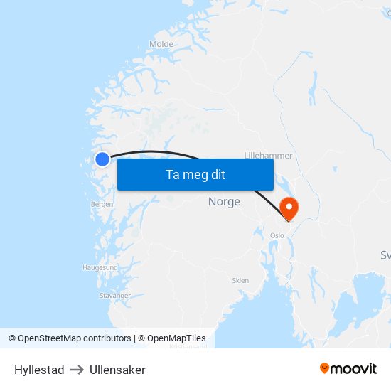 Hyllestad to Ullensaker map