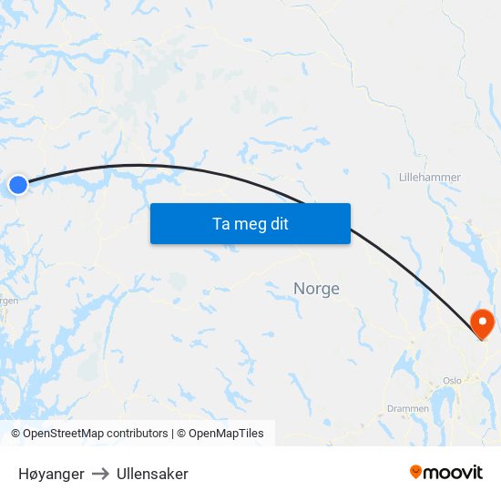 Høyanger to Ullensaker map