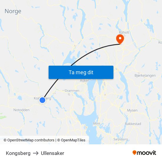 Kongsberg to Ullensaker map