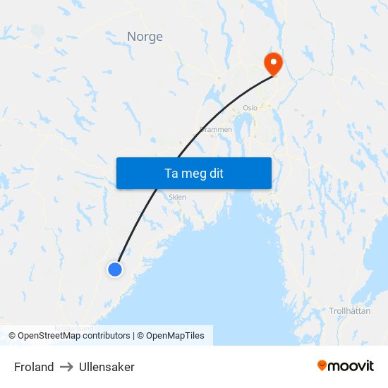 Froland to Ullensaker map