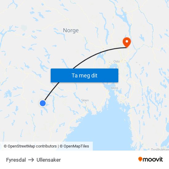 Fyresdal to Ullensaker map