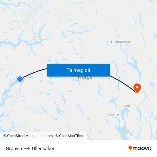 Granvin to Ullensaker map