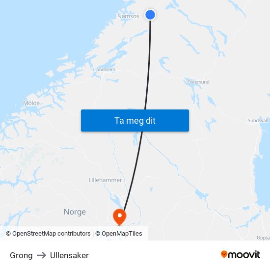 Grong to Ullensaker map