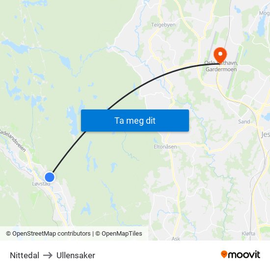 Nittedal to Ullensaker map