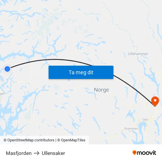 Masfjorden to Ullensaker map