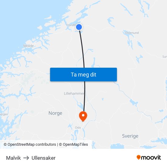 Malvik to Ullensaker map