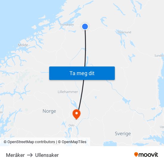 Meråker to Ullensaker map