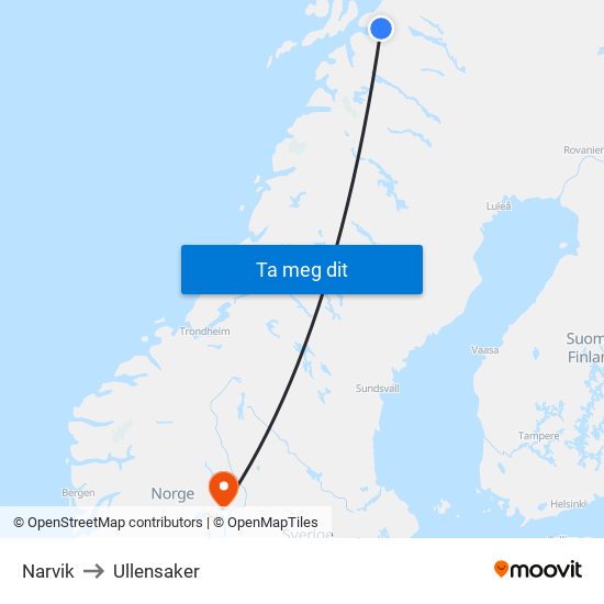 Narvik to Ullensaker map