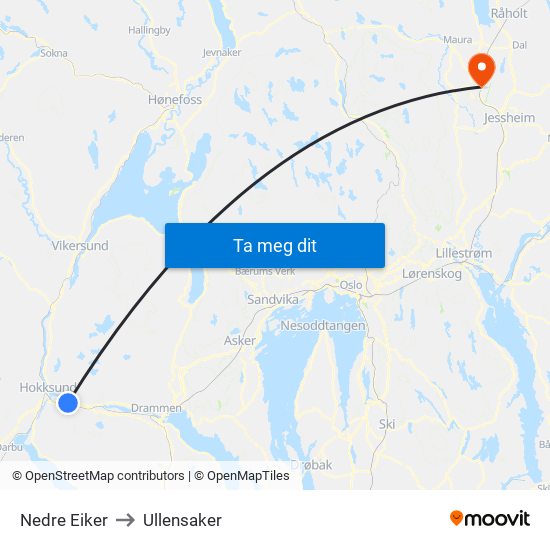 Nedre Eiker to Ullensaker map