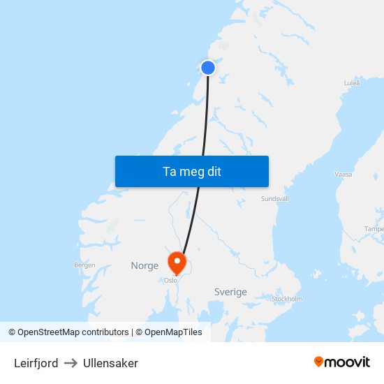 Leirfjord to Ullensaker map