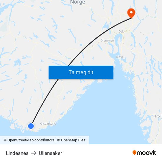 Lindesnes to Ullensaker map