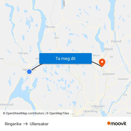 Ringerike to Ullensaker map