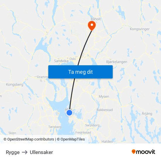 Rygge to Ullensaker map