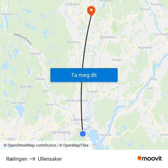 Rælingen to Ullensaker map