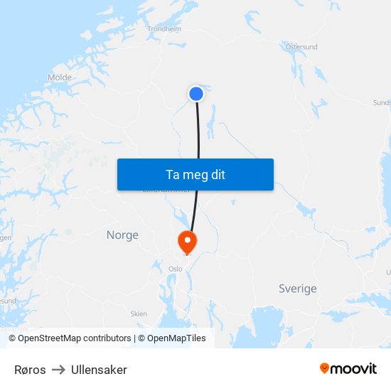 Røros to Ullensaker map