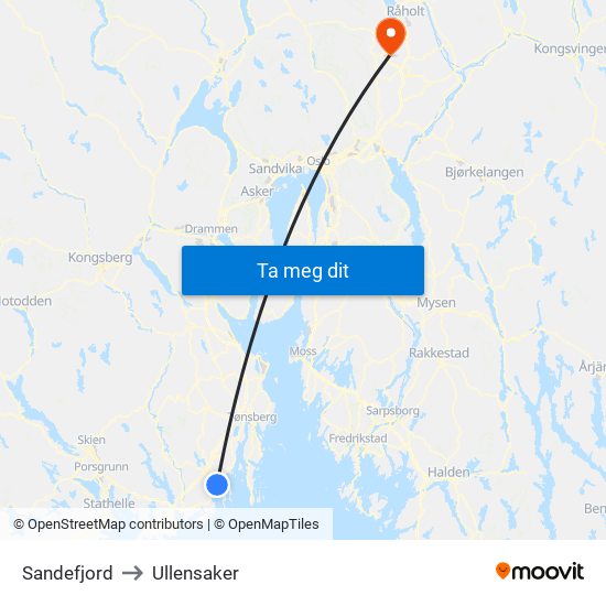Sandefjord to Ullensaker map