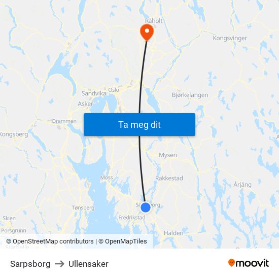 Sarpsborg to Ullensaker map