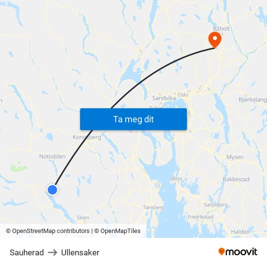 Sauherad to Ullensaker map