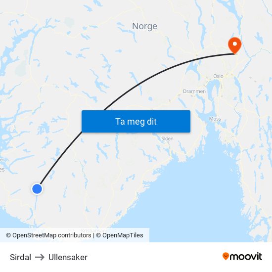 Sirdal to Ullensaker map