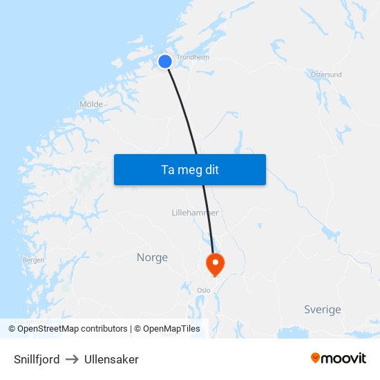 Snillfjord to Ullensaker map
