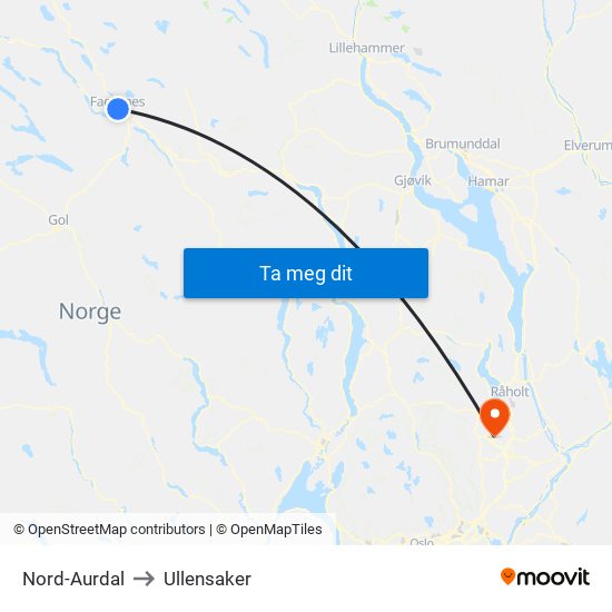 Nord-Aurdal to Ullensaker map