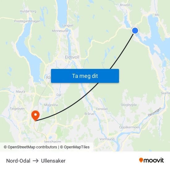 Nord-Odal to Ullensaker map