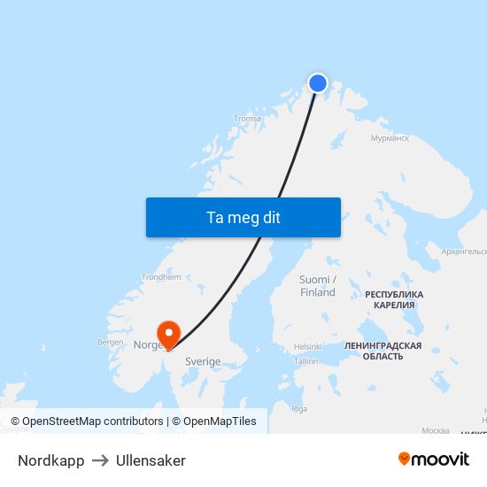 Nordkapp to Ullensaker map